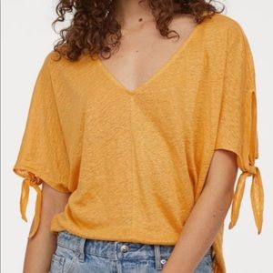 H&M yellow tie sleeve linen top